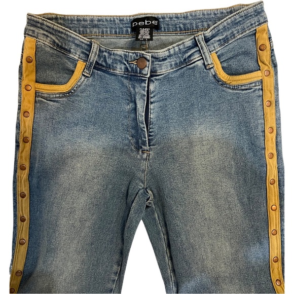 Bebe Flare Jeans with faux suede studded trim lines on the outer leg, Raw hem - Picture 5 of 11